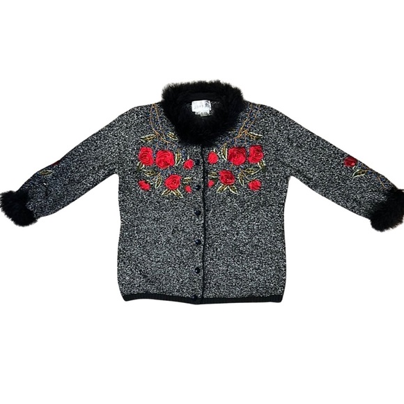 Just B Women’s Vintage D.Gray&Black w/Red Floral Embroidery FurTrim Sweater SZSm - Picture 1 of 10